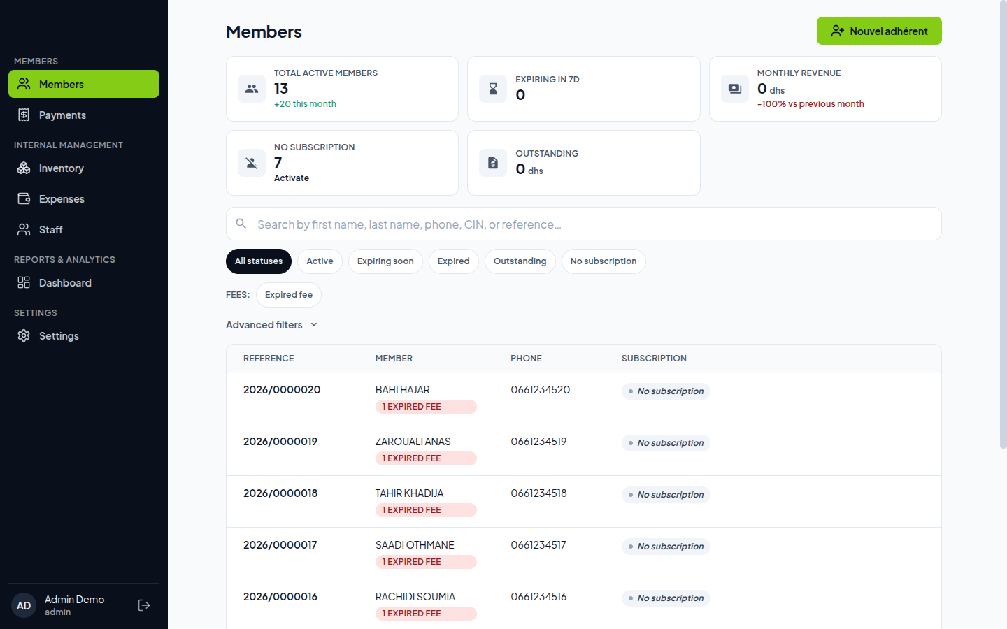 Members — KPI strip, status filters, infinite scroll.