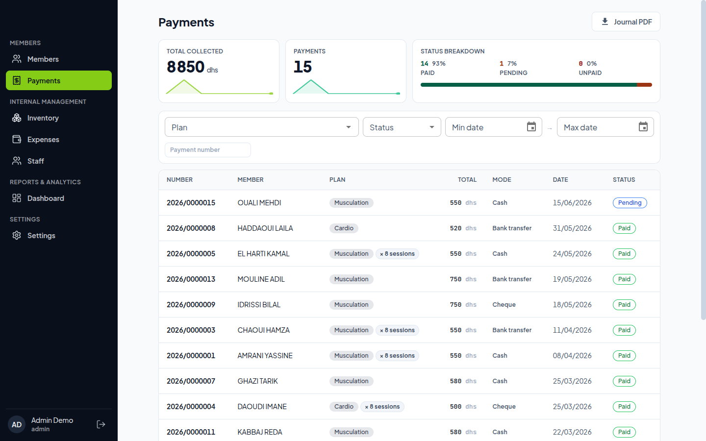 Payments — Filterable ledger with PDF journal export.